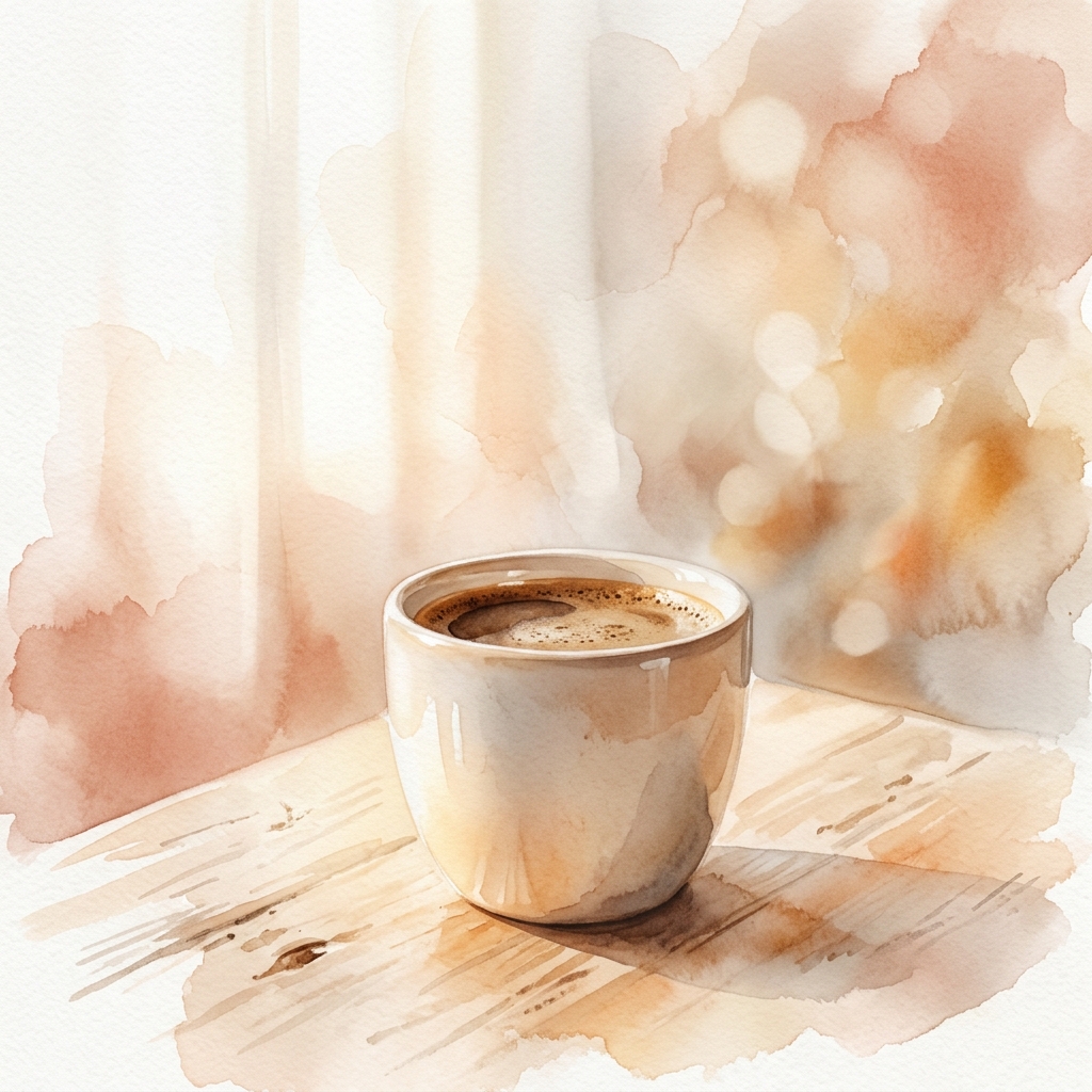 柔らかな日差しとコーヒーの温かい水彩画